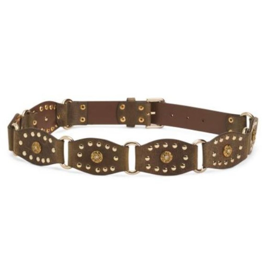 NWT MARTINA MORI Brown Fully Studded Genuine Leather Belt Made in Italy Size M